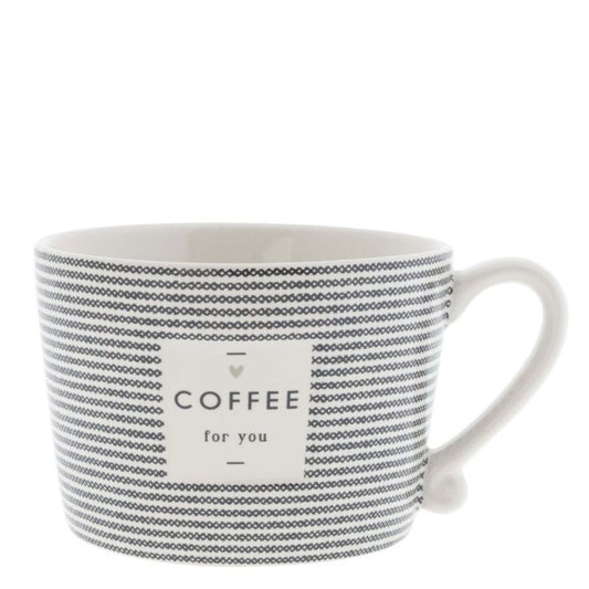 Bastion Collections Tasse Stripes and Coffee for you in Weiss mit schwarzer Schrift und Streifen – Vorderansicht