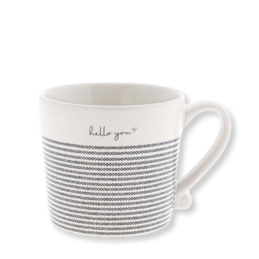 Bastion Collections Keramik Tasse Stripes Hello You in Weiss mit schwarzer Schrift und Streifen - Vorderansicht