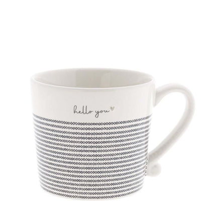 Bastion Collections Tasse Stripes Hello You in Weiss mit schwarzer Schrift und Streifen – Vorderansicht