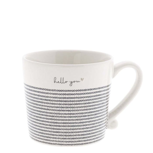 Bastion Collections Tasse Stripes Hello You in Weiss mit schwarzer Schrift und Streifen – Vorderansicht