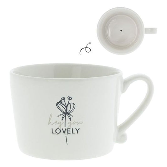 Bastion Collections Tasse Hey you lovely in Weiß mit schwarzer Schrift – Vorderansicht