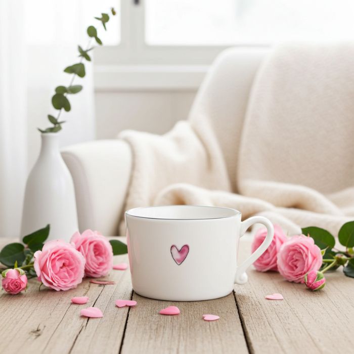 Bastion Collections Tasse Weiss mit rosa Herz dekorativ in Szene gesetzt - perfekt zum Valentinstag als Geschenk