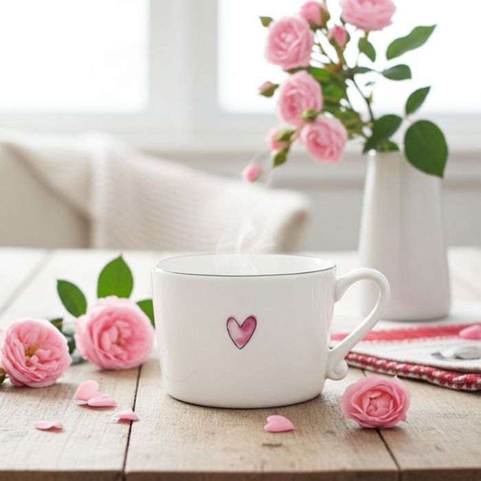 Bastion Collections Tasse Weiss mit rosa Herz dekorativ in Szene gesetzt - perfekt zum Valentinstag oder als Geschenk für einen Herzmensch