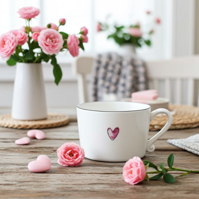 Bastion Collections Tasse Weiss mit rosa Herz dekorativ in Szene gesetzt - perfekt zum Valentinstag oder als Geschenk für einen Herzmensch