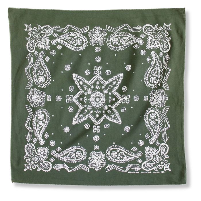 Nahaufnahme des handgezeichneten Paisley-Siebdrucks auf olivgrüner Baumwolle mit feinem Rollsaum.