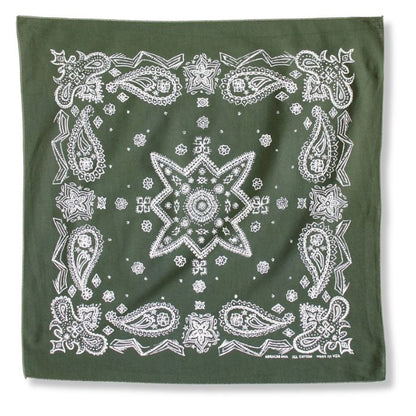 Nahaufnahme des handgezeichneten Paisley-Siebdrucks auf olivgrüner Baumwolle mit feinem Rollsaum.