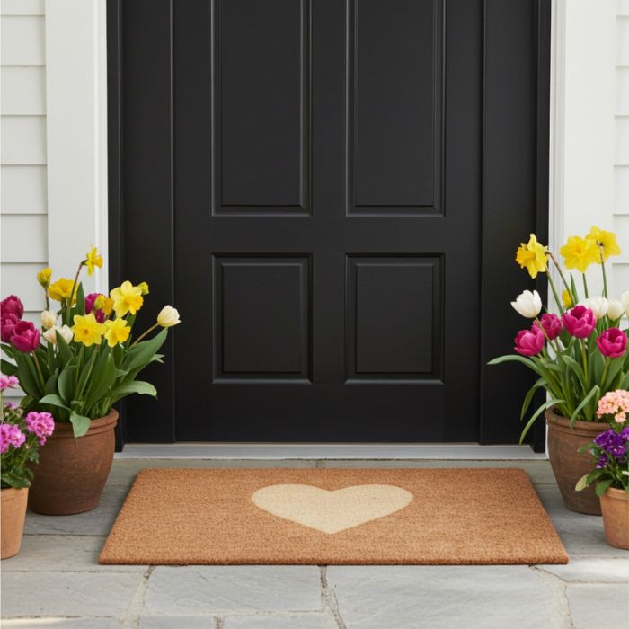 IB Laursen Kokos Türmatte naturfarben mit eingeprägtem Herz vor einer Türe mit Blumen