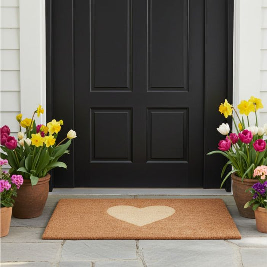 IB Laursen Kokos Türmatte naturfarben mit eingeprägtem Herz vor einer Türe mit Blumen