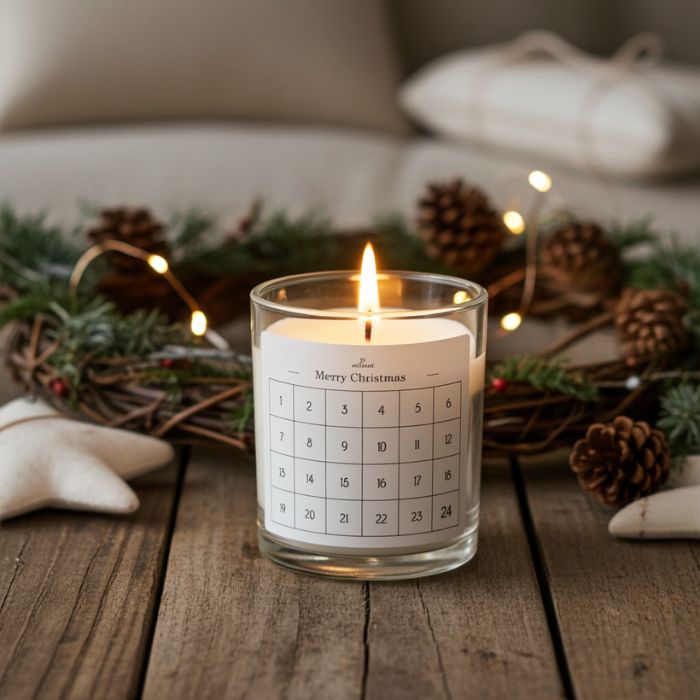 IB Laursen Weihnachtskerze Celia im Glas mit Etikett Zahlen 1–24 Ø 7,3 × H 8,3 cm bei Mekea