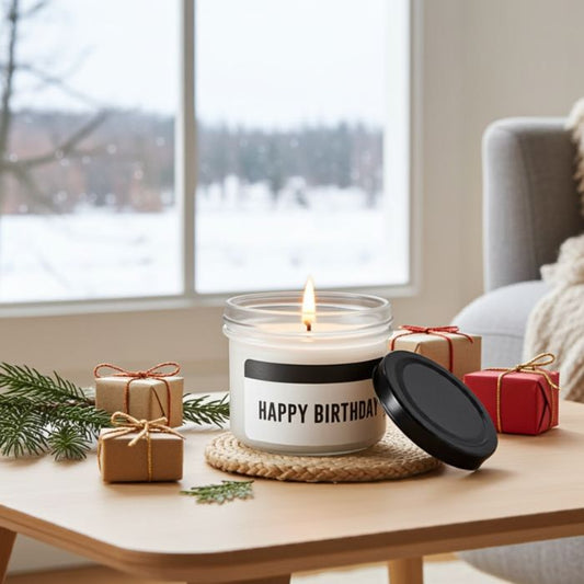 Statement Kerze im Glas – Happy Birthday  mit kleinen Geschenken in Ambiente Stimmung