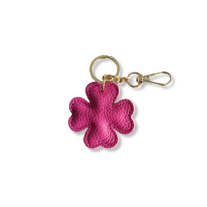 Leder-Schlüsselanhänger Glücksklee aus Italien in Fuchsia mit goldfarbenem Schlüsselring