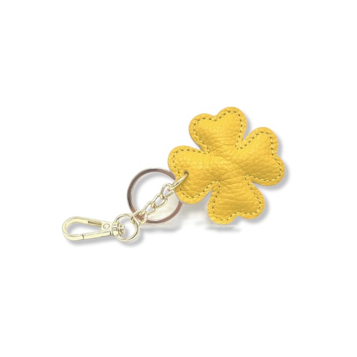 Leder-Schlüsselanhänger Glücksklee aus Italien in Gelb mit goldfarbenem Schlüsselring
