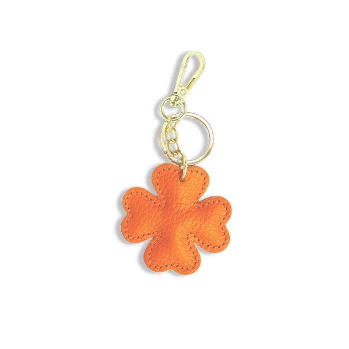 Leder-Schlüsselanhänger Glücksklee aus Italien in Orange mit goldfarbenem Schlüsselring