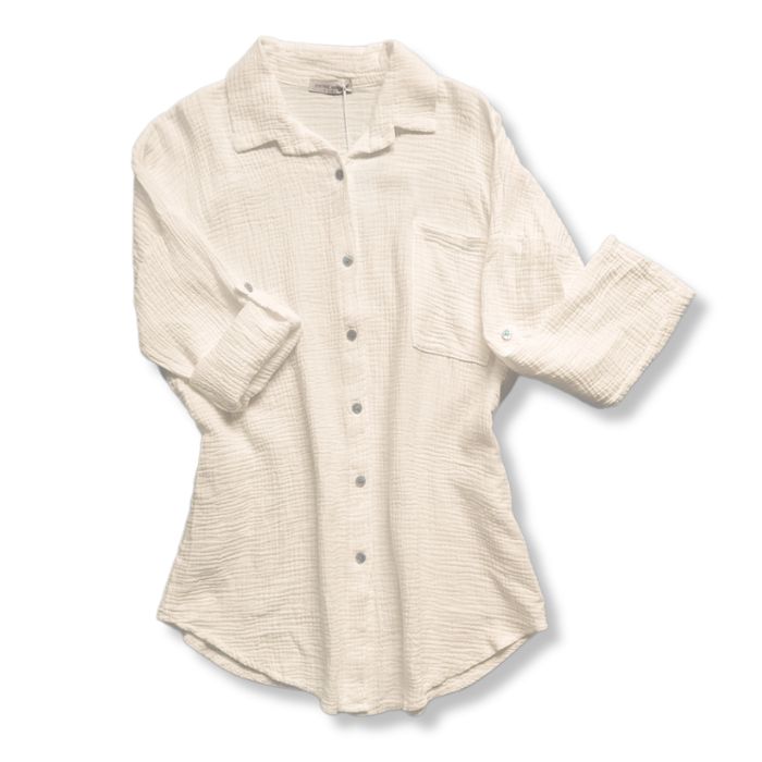 Mekea Musselin Bluse beige langarm Oversize locker geschnitten - Neutrale Ansicht