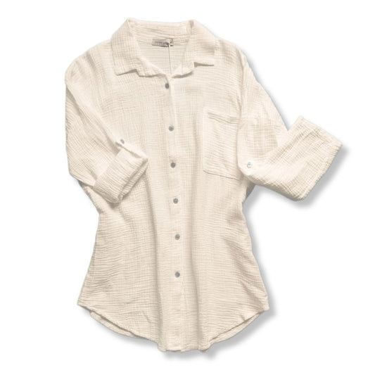 Mekea Musselin Bluse beige langarm Oversize locker geschnitten - Neutrale Ansicht