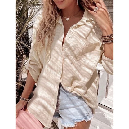 Mekea Langarm Bluse Baumwoll Musselin beige mit Krempel Ärmel