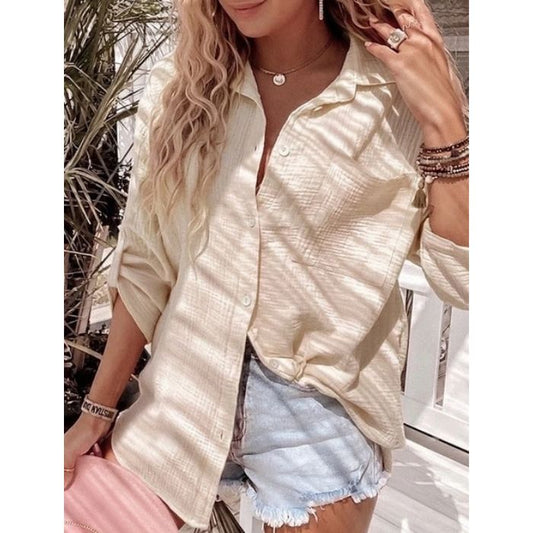 Mekea Langarm Bluse Baumwoll Musselin beige mit Krempel Ärmel