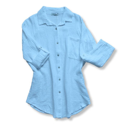 Mekea Musselin Bluse hellblau langarm Oversize luftiger Schnitt - Neutrale Ansicht