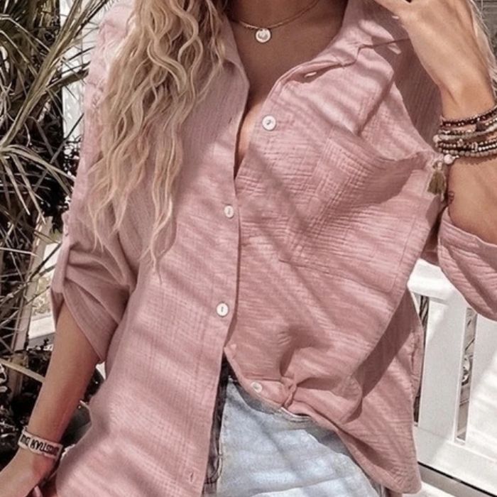 Mekea Musselin Bluse altrosa langarm Oversize Schnitt feminin