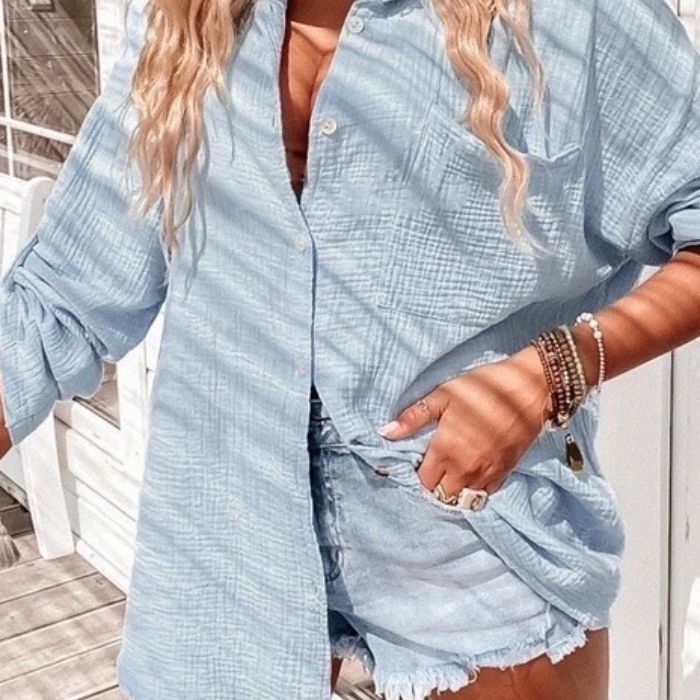 Mekea Musselin Bluse hellblau langarm Oversize luftiger Schnitt