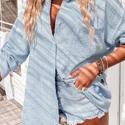 Mekea Musselin Bluse hellblau langarm Oversize luftiger Schnitt