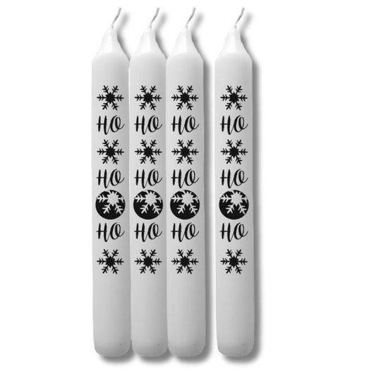 Stabkerze HO HO HO in Weiss mit modernem Weihnachtsdesign