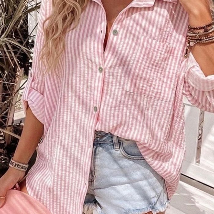 Mekea Musselin Bluse rosa gestreift langarm Oversize Schnitt