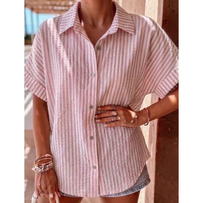 Mekea Kurzarm Bluse Baumwoll Musselin rosa Streifen Detail