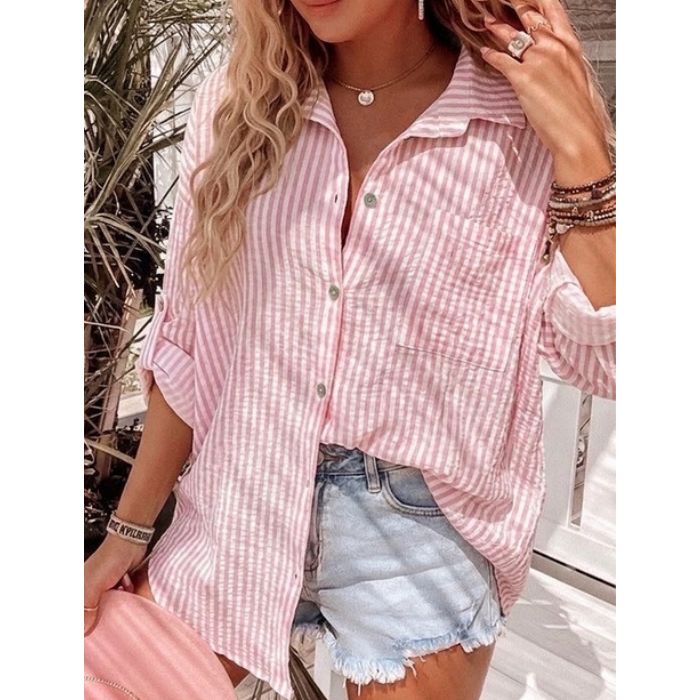 Mekea Langarm Bluse Baumwoll Musselin rosa mit Krempel Ärmel Detail