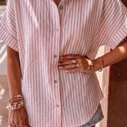 Mekea Musselin Bluse rosa gestreift kurzarm locker geschnitten
