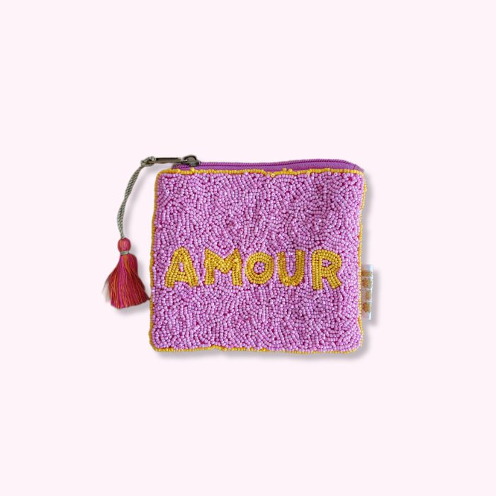 Perlen Geldbörse mit Schriftzug Amour Rosa handbestickt Miyuki Perlen Mekea