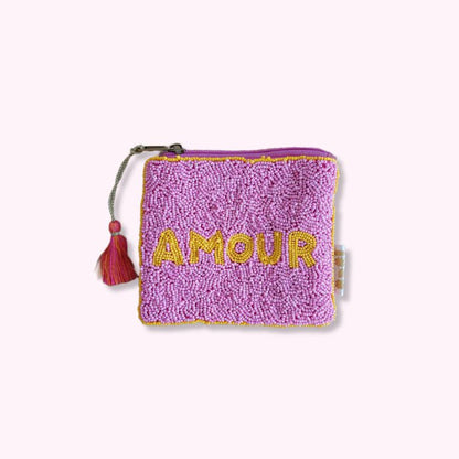 Perlen Geldbörse mit Schriftzug Amour Rosa handbestickt Miyuki Perlen Mekea