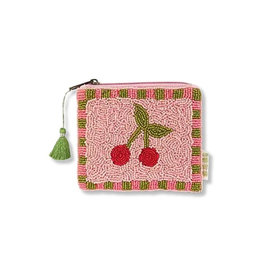 Perlen Geldbörse Kirschen Zartrosa/Grün handbestickt Miyuki Perlen Mekea