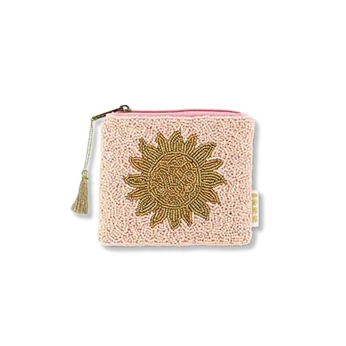 Perlen Geldbörse Sonnenblume Zartrosa/Gold handbestickt Miyuki Perlen Mekea