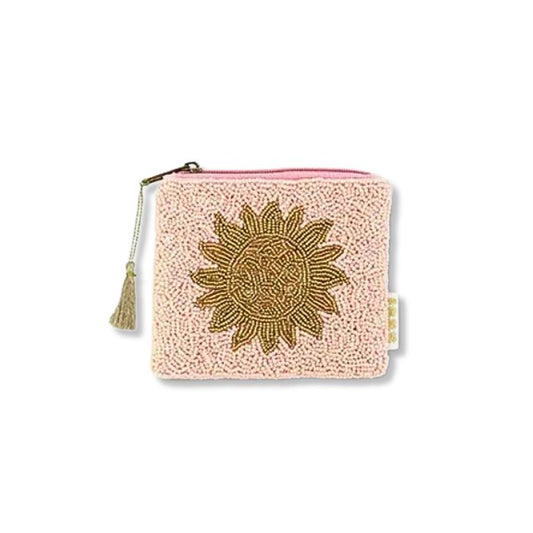 Perlen Geldbörse Sonnenblume Zartrosa/Gold handbestickt Miyuki Perlen Mekea