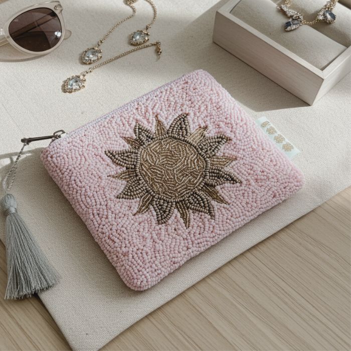 Perlen Geldbörse Sonnenblume Zartrosa/Gold handbestickt Miyuki Perlen Mekea