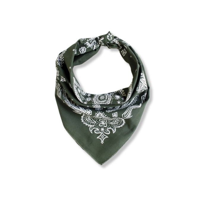 Olivgrünes Premium Baumwoll-Bandana mit skizziertem Paisley-Muster flach gewickelt für Biker-Styling.