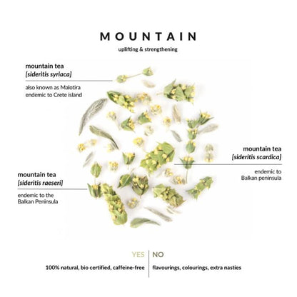 Nahaufnahme der Kräuterblätter und Blüten der Mountain Teemischung