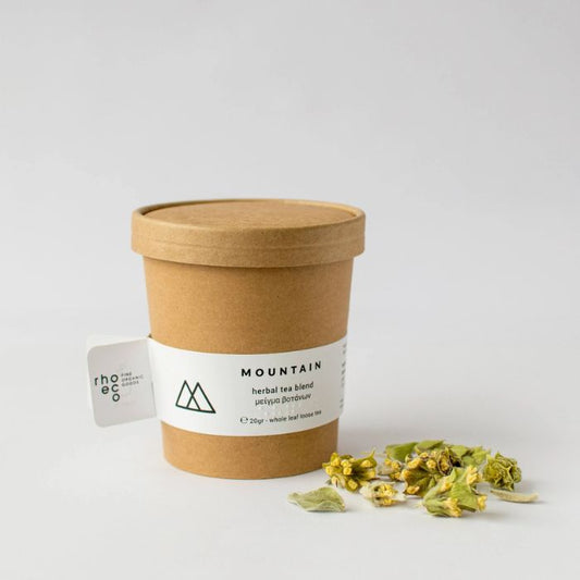 Produktfoto der rhoeco Mountain Bio-Kräuterteemischung in der Verpackung