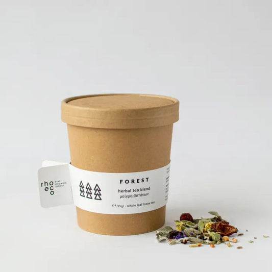 Produktfoto der rhoeco Wald Bio-Kräuterteemischung in der Verpackung
