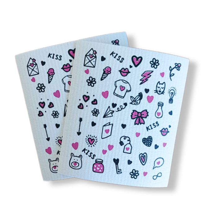 2er Set Schwammtücher Motiv Kiss Doodles – Zweifarben Siebdruck für eine nachhaltige Küche - Mekea Buchrain