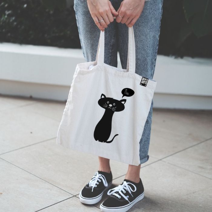  Stoffbeutel aus Baumwolle mit Katzenmotiv Miau im Siebdruck