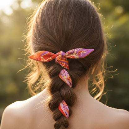 Twilly Bandana Blume Orange Flieder Rot als Haarband getragen Mekea