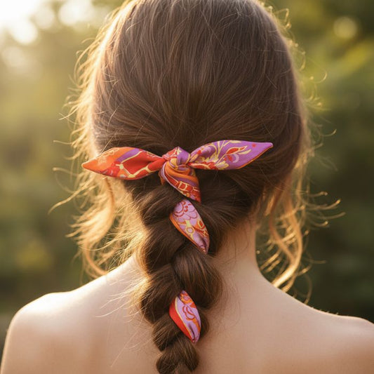 Twilly Bandana Blume Orange Flieder Rot als Haarband getragen Mekea