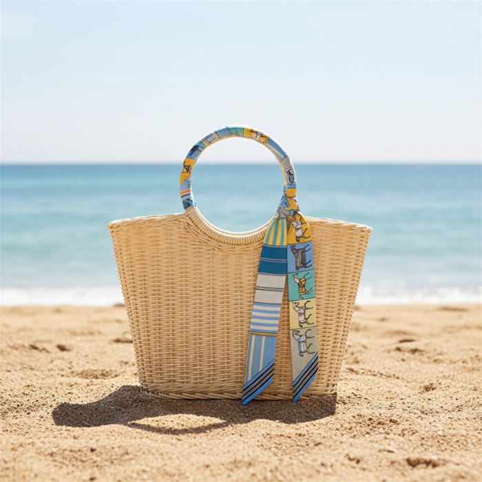 Twilly Bandana Pferd Hellblau Beige Gelb um Tasche gebunden Mekea