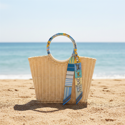 Twilly Bandana Pferd Hellblau Beige Gelb um Tasche gebunden Mekea