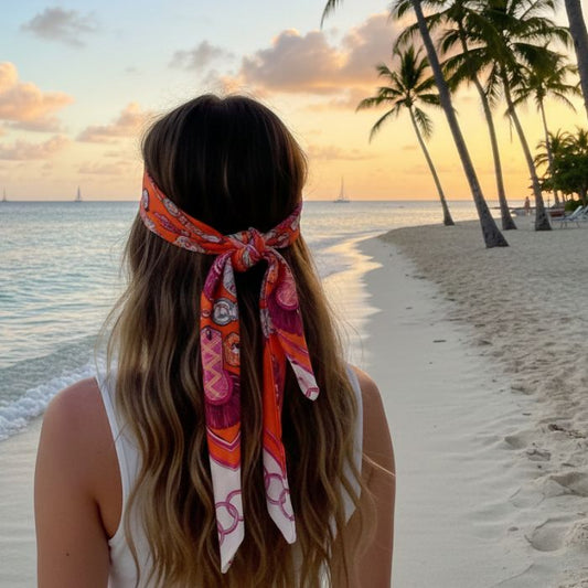 Twilly Bandana Ringborduere Orange Magenta Beige als Haarband getragen Mekea