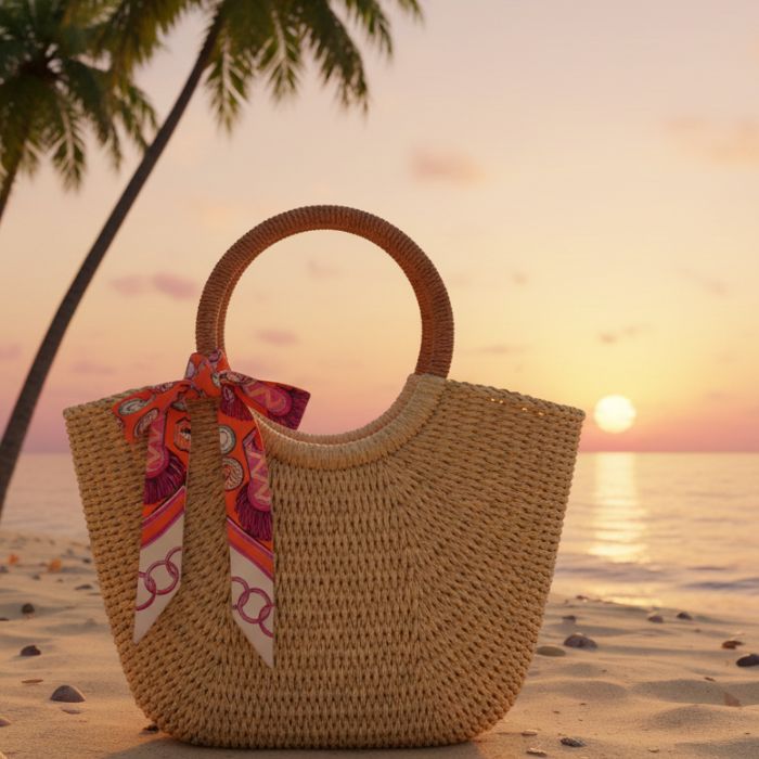 Twilly Bandana Ringborduere Orange Magenta Beige um Tasche gebunden Mekea