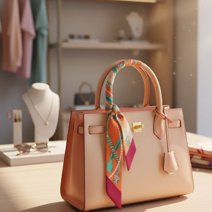 Twilly Bandana Schlange Apricot um Handtasche gebunden Mekea
