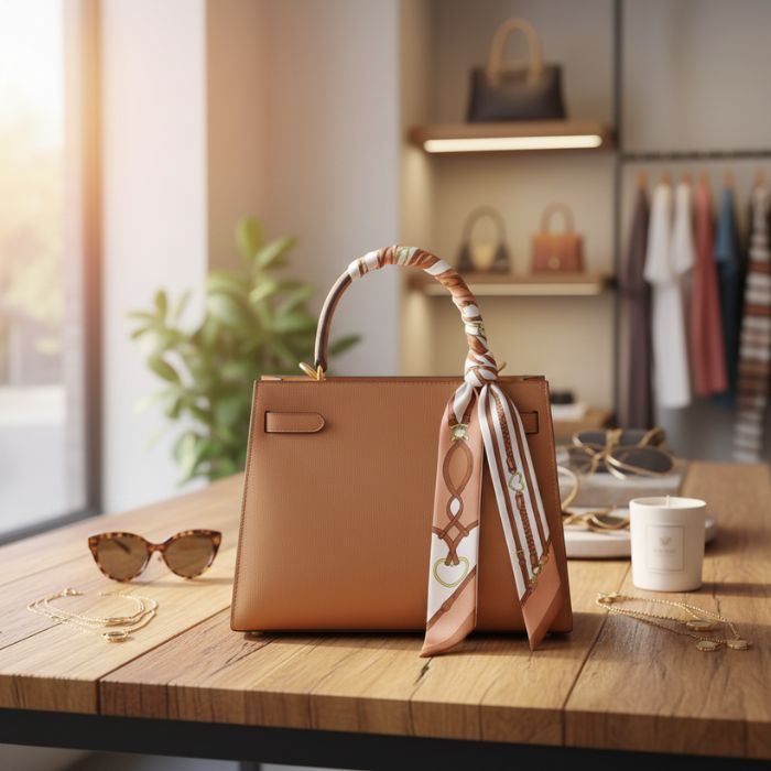 Twilly Bandana Zopfmuster Offwhite Hellbraun Braun um Tasche gebunden Mekea